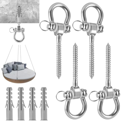 YOFAPA 4 Stück Schwenkbare Schraubhaken, Edelstahl-Aufhängung für Hängesessel mit geräuscharmen Gummischeiben, Deckenhaken für Beton und Holzbalken, Hochleistungshaken für Hängematten, Yoga, Boxsäcke