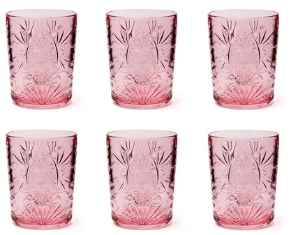 Excelsa Color Tumbler Set 6 Bicchieri in Vetro Decorati, Multicolore, Decoro in Rilievo, 350 ml, 8x10cm (Rosa)