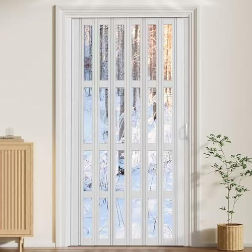 Hggdsac Concertina Door, Concertina PVC Internal Folding Door, Space-Saving, for Cabinet Closet Cupboard, Kitchen Hallway Divider Screen, Shower Privacy Door Kit, White（W×H:75×195cm）