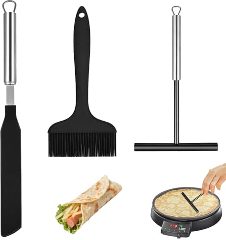 CHUANFU 3 Pièces Distributeurs à Crêpes Inox, Spatule Crepe Silicone | Crêpes Kit Spatule Patisserie Brosse à Huile, pour Cuisiner à la Maison Faire des Cuisson des Gaufr