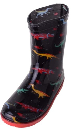 ABSOLUTE FOOTWEAR Childrens Kids Waterproof Easy Slip On Dinosaur Wellington Boots - Black - UK Child 13 / EU 32