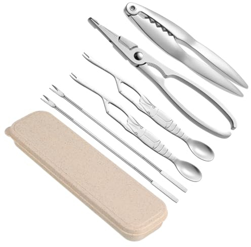 NIYANGLE Lot De 6 Pince À Crabe en Acier Inoxydable avec Étui De Rangement Fourchettes De Fruits De Mer Et Craquelins Aux Noix Outils pour Ouvrir Homard Crustacés Et Noix
