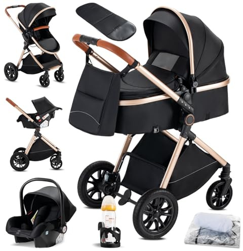 KAVELLIN Kinderwagen 3 in 1 Kombikinderwagen, Faltbar & Umkehrbar mit Babywanne, Verstellbare Rückenlehne, inkl. Moskitonetz, Regenschutz, Becherhalter, Korb & Tasche, 0-36 Monate, 22 kg, Schwarz/Gold