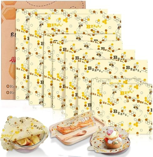 ZPQAODI Emballage Cire d'abeille 8 Pcs, Emballage Alimentaire Réutilisable et Écologique Emballages en Coton Biologique, Sacs alimentaires pour Sandwichs, Pain, Fromage, Fruits, Collations