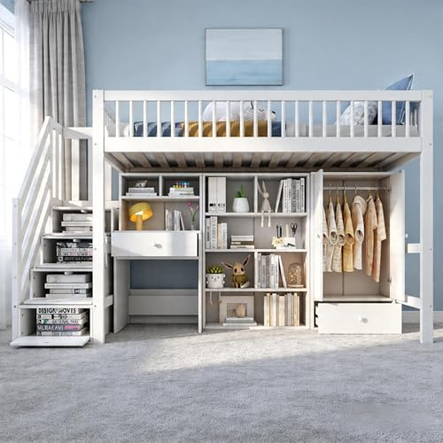 Su & Chan Legence High Sleeper Bed with Desk and Wardrobe, Loft Bed with Storage Stairs and Shelves, Kids Single Bed with Slatted Frame, No Mattress, 90 x 190cm, White