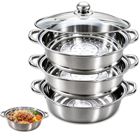 Edelstahl Dampfgarer 28 cm, Dampftopf mit Einsatz und Glasdeckel | 3 Ebenen Dampfkochtopf für Gemüse Fisch Meeresfrüchte Suppen und Pasta, 3 Schichten