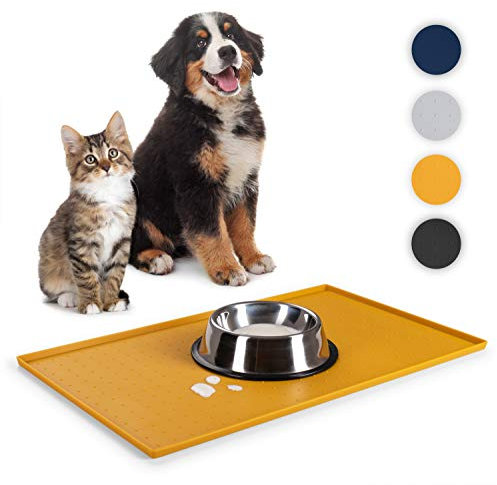 Everanimals Napfunterlage Katzen 30x50 cm - Napfunterlage Hund mit erhöhtem Rand - wasserdichte Hundenapf Unterlage - Katzenmatte aus 100% Silikon - Futtermatte Katzen - Unterlage Hundenapf in Gelb