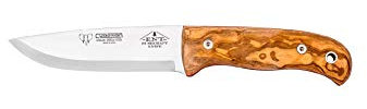 Cudeman Cuchillo ENT 158-L hoja de acero inoxidable Böhler N-690Co de 12 cm empuñadura de madera de olivo de 11,5 cm para caza, pesca, supervivencia y bushcraft + Portabotellas regalo