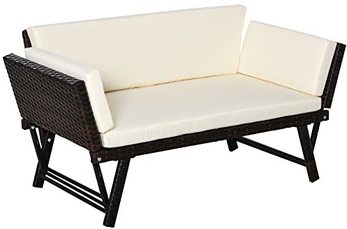 Outsunny Sofá de Ratán de 2 Plazas Convertible en Cama Individual con Reposabrazos Abatibles y Cojines Acolchados Sofá Doble para Exterior Jardín Patio Terraza 129x63x67 cm Beige