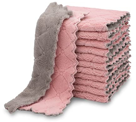 kimteny 12 Pack Kitchen Cloth Dish Towels, Premium Dishcloths, Super Absorbent Coral Velvet Dishtowels, Nonstick Oil Washable Fast Drying (Pink-Grey)