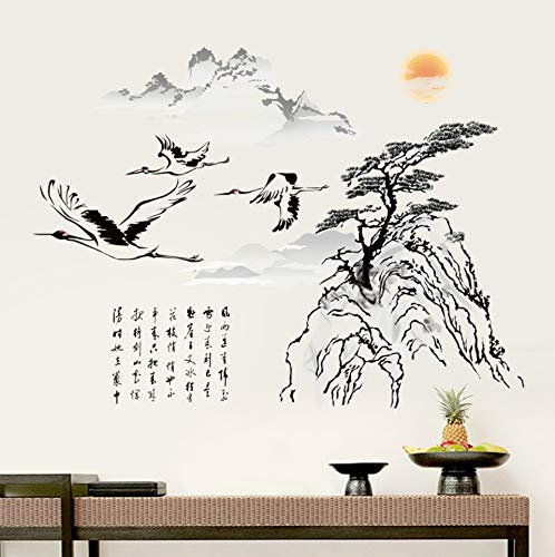 Wandaufkleber Wandtattoo Chinesische Wind Wandaufkleber Klassische Tinte Landschaftsmalerei Fliegende Kran Kiefer Wandbilder Wohnzimmer Dekoration 73X100 Cm