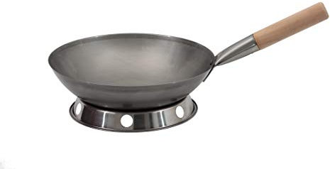 AAF Nommel ®, Wok Set Poêle à frire Ø 33 cm Fond rond en acier carbone pour cuisinière à gaz et induction + anneau pour poser le wok