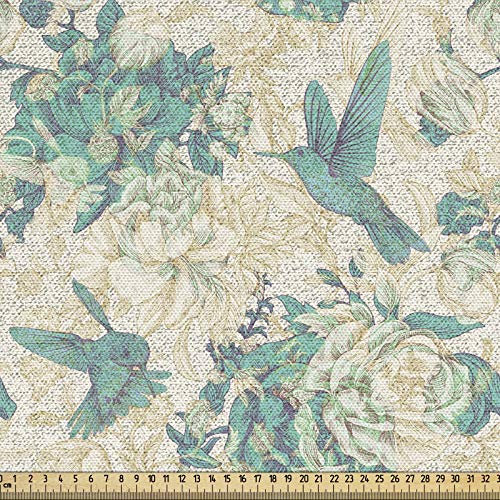 ABAKUHAUS Vintage Rose Stoff als Meterware, Grunge Vogel und Blätter, Qualitäts Stoff Polster für Wohnaccessoires, 10M (160x1000cm), Seafoam