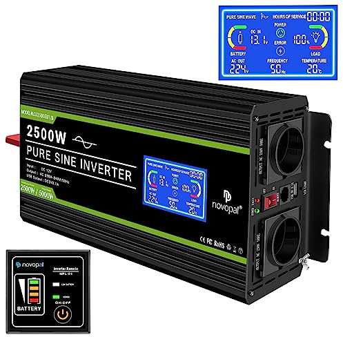NOVOPAL 2500W Kfz Wechselrichter Spannungswandler 12v 230v Reiner Sinus mit LCD-Display und USB-Anschluss + 2AC Steckdosen mit USB-Ausgang und 5m-Fernbedienung