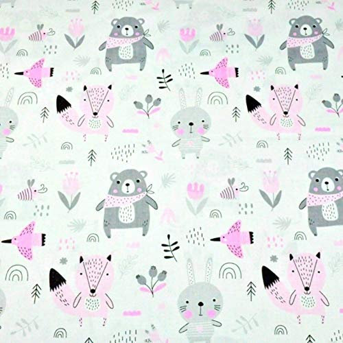 Pingianer 11,99€/m Tiere Wald 2 100% Baumwolle Baumwollstoff Kinder Meterware Handwerken Nähen Stoff (Bär Fuchs Hase Grau Rosa, 100x160cm Farbfamilie)