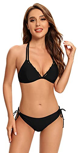 SHEKINI Damen Bikini Set V-Ausschnitt Neckholder Bikinioberteil Rückenfrei Zweiteiliger Badeanzug Triangel Bikinihose(Schwarz,L)