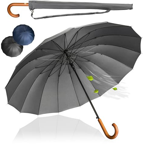 LOGAN & BARNES Stockschirm Sturmfest Ø120cm mit hochwertigem Echtholzgriff und geräuschloser Gummispitze - XXL Regenschirm Groß mit 16 Streben - Modell EDINBURGH (Grau)