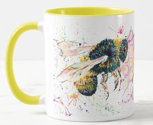 Vixar Bee Bees Honeycomb Wildlife Watercolour Art Coloured Mug Cup Gift Birthday Work Office Christmas Tea Coffee (Yellow)