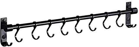 WYJRO Hakenleiste für Küchenutensilien,Hakenleiste für Küchenutensilien mit 8 S-Haken kein Bohren Aufbewahrungs-Organizer-Rack, für Küche/Bad/Garderobe (Schwarz),Schwarz,50cm