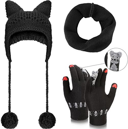 3 Stück Damen Katzenohren Beanie Katzenpfote Handschuhe Schal Set Niedliche Katzenmütze für Frauen Katzenohren Strick Kreis Schleife Schal (schwarz)