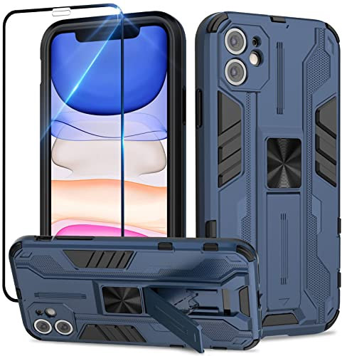 Btstring Case for iPhone 11 with Screen Protector, Heavy Duty Shockproof Tough Armour Case with Stand Protective Personalised Phone Cover - Blue