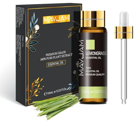 MAYJAM Lemongrass Essential Oil 10ML - Pure, Undiluted - Premium Quality Essential Oils with Glass Dropper - for Diffuser and DIY Candle Making