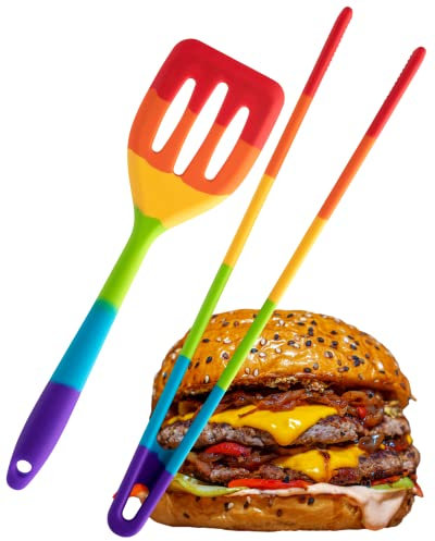 Taylors Eye Witness Rainbow Silicone Slotted Turner and Silicone Tongs Set