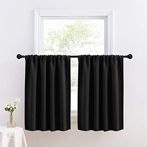 Icegrey Blickdichte Scheibengardinen Privatsphäre Vorhang Fenstervorhang für Kurzfenster Einfarbig Gardine für kleine Fenster Küche Wohnzimmer Cafè Landhaus, Schwarz, 70 cm L x 60 cm B (1 Stück)