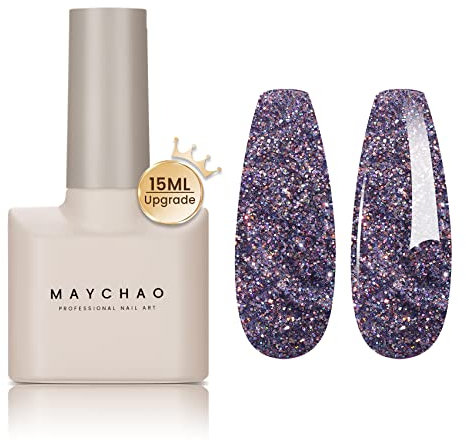 MAYCHAO Glitter Gel Nail Polish, 15ML Purple Glitter Gel Nail Polish, Soak Off UV LED Nail Gel Polish Nail Art Starter Manicure Salon DIY at Home, 0.5 OZ