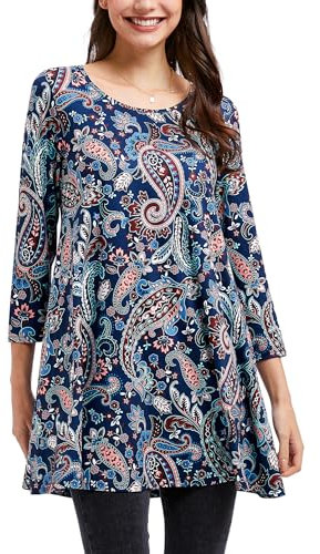 Enmain Tops for Women Plus Size Paisley Tunics for Womens UK Loose Long Tunics for Leggings Round Neck Hanky Hemd Top for Ladies Gift for Mother's Day 3XL
