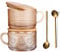 JVJRFQ Vintage Glass Coffee Mugs Set of 2 Amber, Embossed Tea Cups with Bamboo Lids and Spoons, 14 Oz Glass Breakfast Cups for Cappccino, Latte, Yogurt, Dessert, Breakfast, Mothers Day Gifts