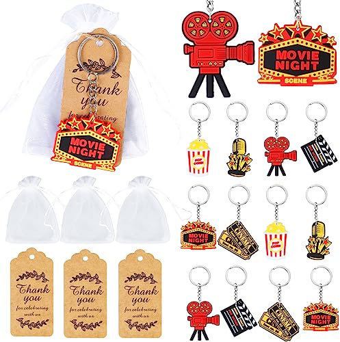 Serencatcher Bomboniere per feste di film notturni, confezione da 12 portachiavi con etichette di ringraziamento con cordino bianco in organza a tema film, decorazioni per feste di compleanno,