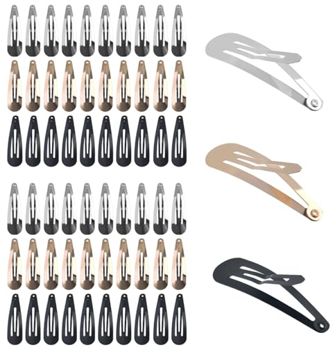 BATINO 60 Stück Snap Haarspangen Damen, Spangen Haare Haarspange Schwarz, 5cm Metall Snap Haarclips Haar Snap Clips Kinder Haarklammern für Damen Mädchen Herren (Gold, Silber, Schwarz)