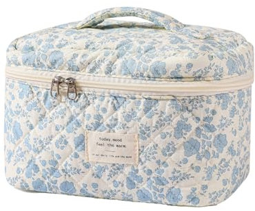 uekeboag Grande Trousse de Maquillage matelassée de Voyage pour Femme, Trousse de Maquillage en Coton à Motif Floral, Trousse de Toilette esthétique Florale, 01lithtblue-Flower, Coton Floral