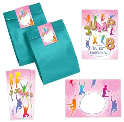 Minkocards 8 Einladungskarten zum 8. Kindergeburtstag Mädchen Jump Trampolin Einladungen achte Mädchengeburtstag incl. 8 Umschläge, 8 Partytüten/petrol, 8 Aufkleber, 8 Lesezeichen