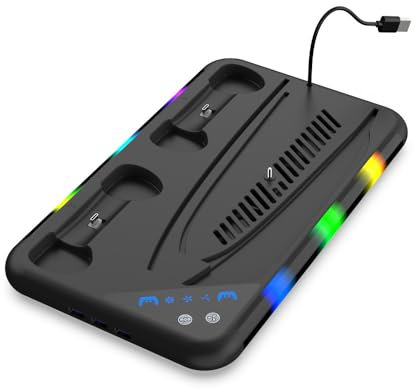 para PS5 Slim Stand RGB Cooling Station con Ventilador Cargador Doble Controlador para Play Station5, para PS5 Slim Cooling Charging Dock (Negro)