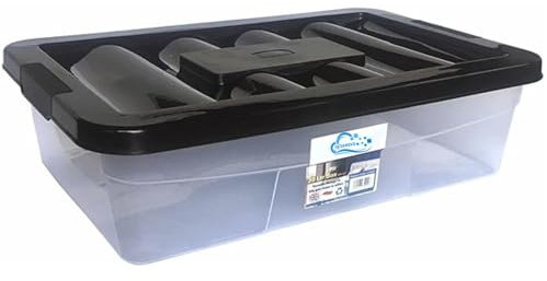 oceanevo® Underbed Stackable Plastic Storage Boxes with Lids Clear Under Bed Heavyduty Transparent Containers for Office Kichen Home 60 x 40 x 16.5 cm (1 Box, Box + Black Lid)