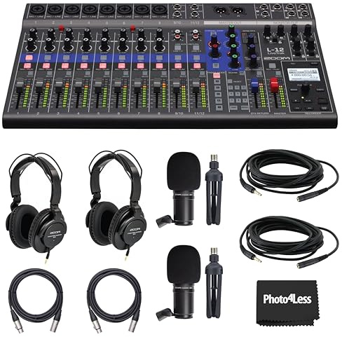 Zoom LiveTrak L-12 - Mixer digitale e registratore multitraccia con microfono dinamico Zoom ZDM-1 Podcast, cuffie ZHP-1, treppiede TPS-4, parabrezza, cavo XLR