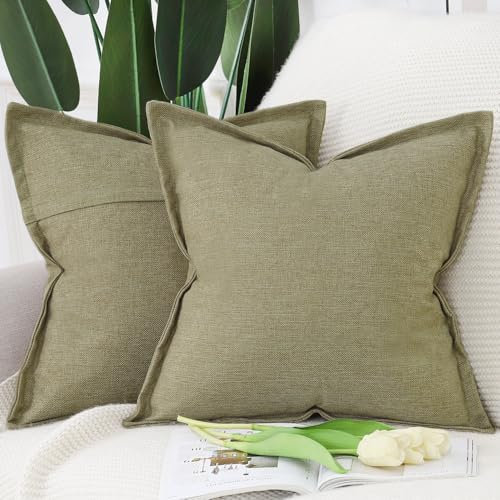 Madizz 2er Set Polyester Leinen Kissenbezügen mit breiter Kante Weiche dekorative Kissenbezüge für Sofa Schlafzimmer Kissenhülle Moosgrün 50x50 cm Quadrat