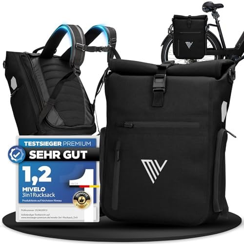 MIVELO 3in1 Fahrradtasche für Gepäckträger I Rucksack & Gepäckträgertasche hinten - in 15 Sekunden umgebaut I Fahrradrucksack 100% wasserdicht I Tasche Fahrrad Inkl. Laptopfach (Schwarz)