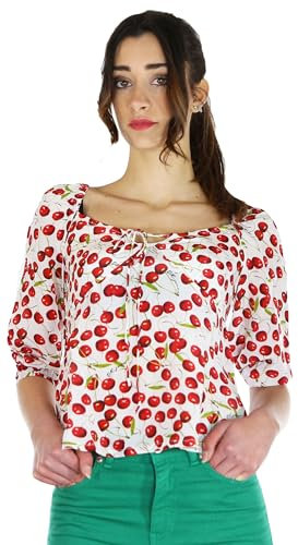 Denny Rose Jeans Blusa in Raso con Stampa ciliege all Over. Bianco Viscosa 40
