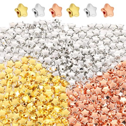 ASTER 600 Stück Stern Perlen Charms 6mm, Pentagramm Zwischenperlen für Armbänder, Klein Acryl Star Spacer Beads Loch Spacer für DIY Halskette Ohrring Schmuck (Gold Silber Roségold)