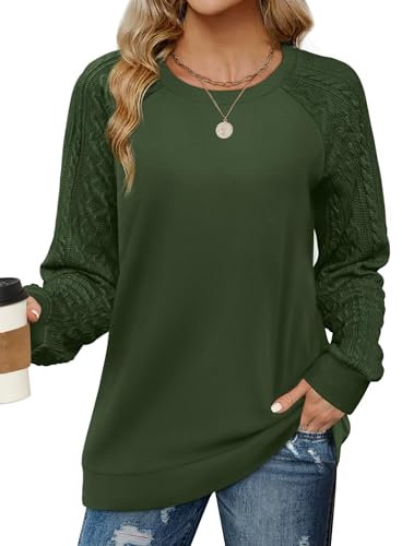 Cuptacc Pullover Damen Langarm Sweatshirt Ohne Kapuze 2024 Strick Rundhals Winter Mode Basic Dunkelgrün XL 46-48