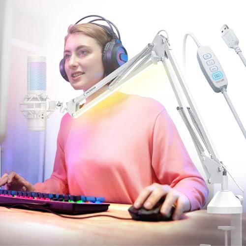 CACENCAN Bras de Microphone avec Lumière, Support de Bureau Pliable pour Microphone, Mic Arm avec Adaptateur vis 3/8 à 5/8, Support de Microphone Réglable pour Podcasting, Enregistrement Jeux Blanc