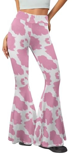 Suhoaziia Damen Flare Leggings Crossover Yogahose mit Bauchkontrolle Hohe Taille Weites Bein, Rosa Kuhfell-Aufdruck, S
