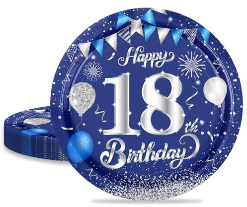 MORAINJAY 18 Geburtstag Pappteller,16 Stück Blau mit Silver Pappteller für Mädchen Junge 18 Geburtstag Party,9inch/23cm Pappteller für 18. Geburtstag Party Deko