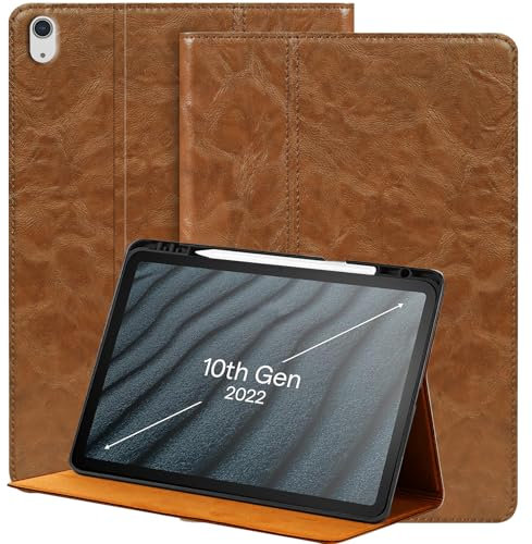 NANRUIL Funda para iPad de 10ª generación y iPad Décima Gen 10,9 pulgadas 2022 de piel auténtica, funda protectora para tableta, con soporte para bolígrafo y guardias de coche/dormir. Caqui