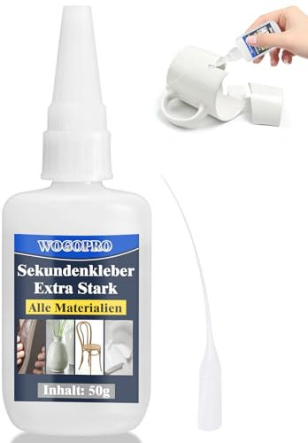 Sekundenkleber, 50g Sekundenkleber Extra Stark, Superkleber Wasserfest, Hitzebeständig mit Nadel Verschluss Gegen Austrocknung, Alleskleber für Plastik, Glas, Holz, Metall, Stein