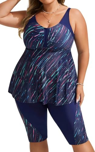 Hanna Nikole Maillot de Bain 2 pièces pour Femme Grandes Tailles Tankini trapèze Haut de Bain avec Short de Bain Étoile filante colorée 52