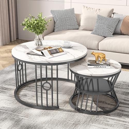 2 runde Couchtische, 2 Stück, rund, modern, Marmoroptik, Metallstruktur, Wohnzimmertische für Wohnzimmer, Schlafzimmer, Balkon (Stil O + Weiß und Schwarz)